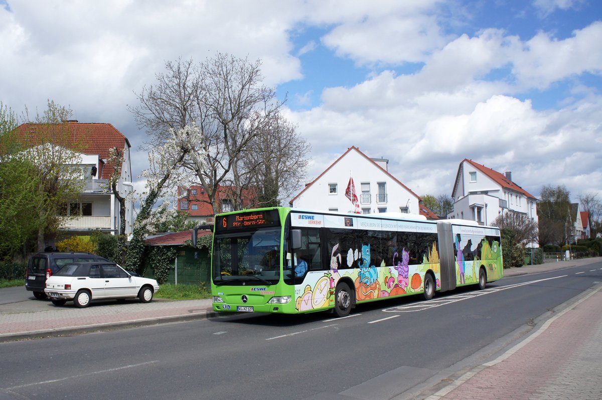 Stadtbus Mainz / Stadtbus Wiesbaden: Mercedes-Benz Citaro Facelift G der ESWE Wiesbaden, aufgenommen im April 2016 in der Nähe der Haltestelle  Draiser Straße  in Mainz.