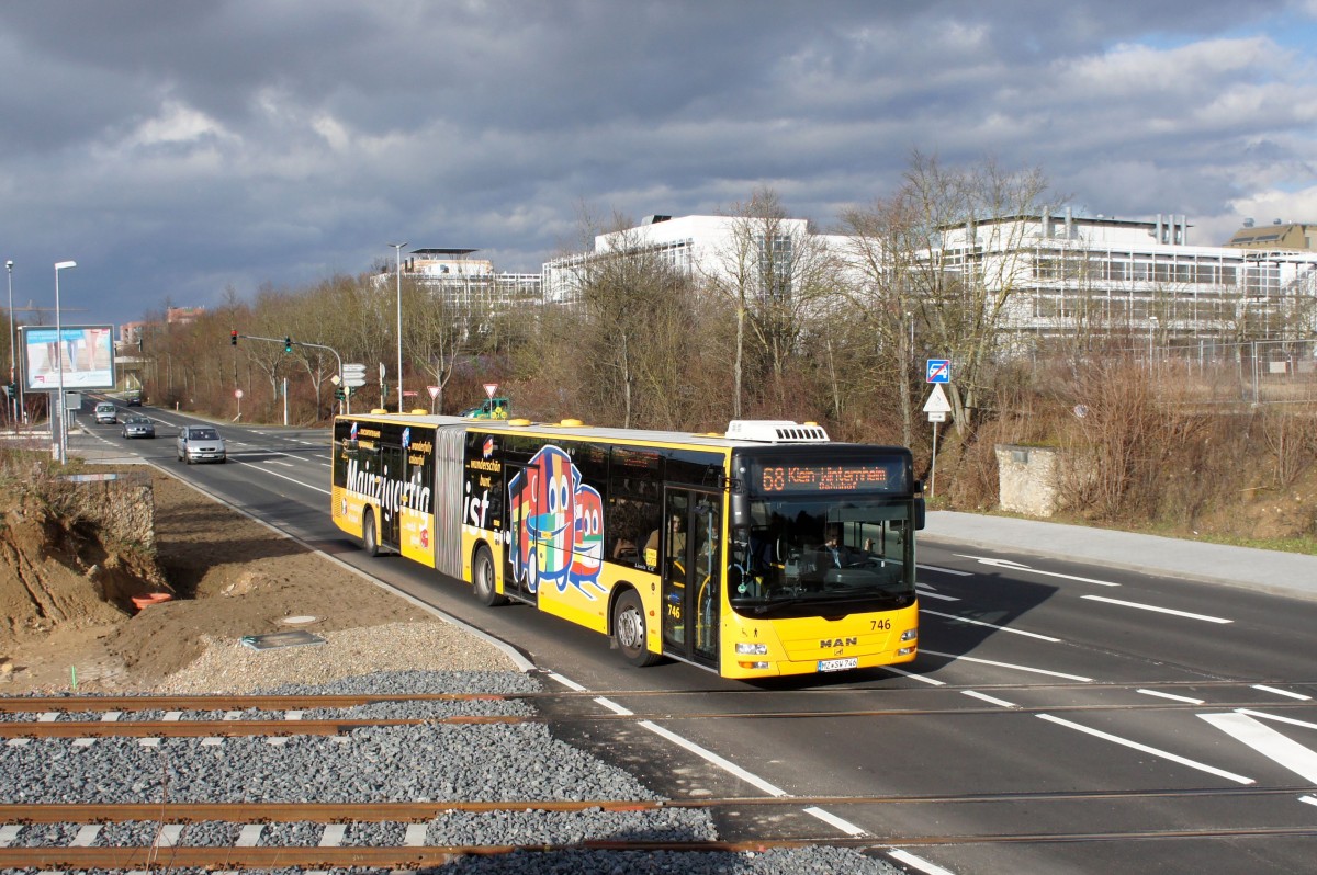 Stadtbus Mainz: MAN Lion's City G der MVG Mainz / Mainzer Verkehrsgesellschaft, aufgenommen im Februar 2016 in der Nähe der Haltestelle  Hochschule Mainz  in Mainz.