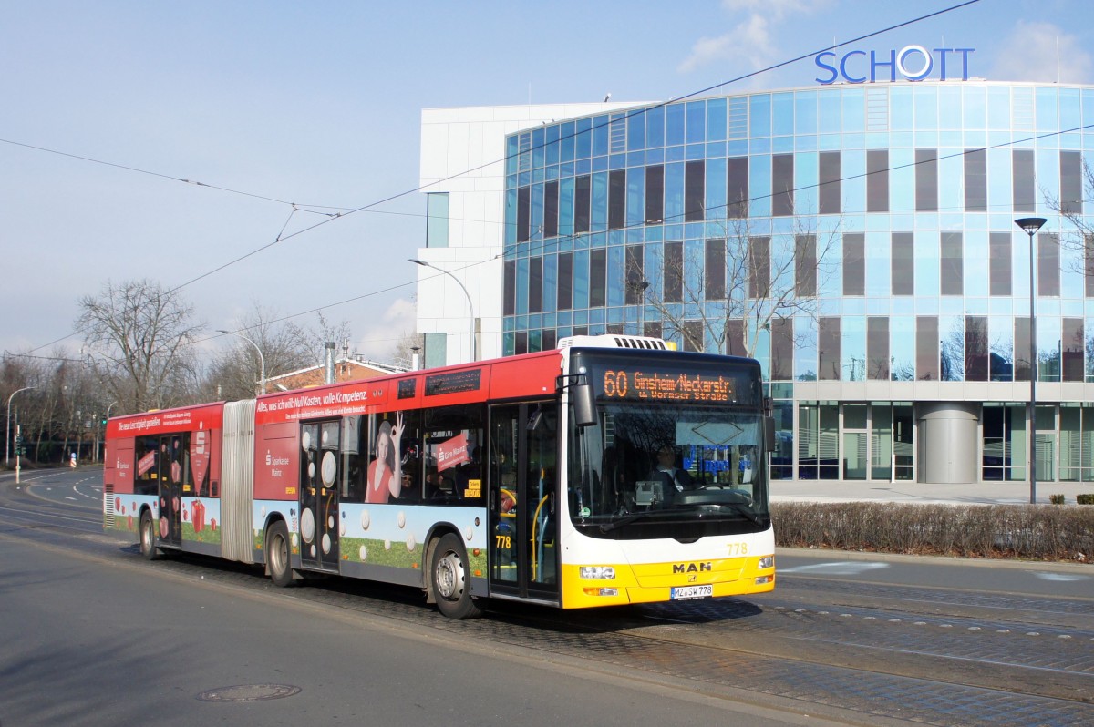 Stadtbus Mainz: MAN Lion's City G der MVG Mainz / Mainzer Verkehrsgesellschaft, aufgenommen im Februar 2016 in der Nähe der Haltestelle  Bismarckplatz  in Mainz.