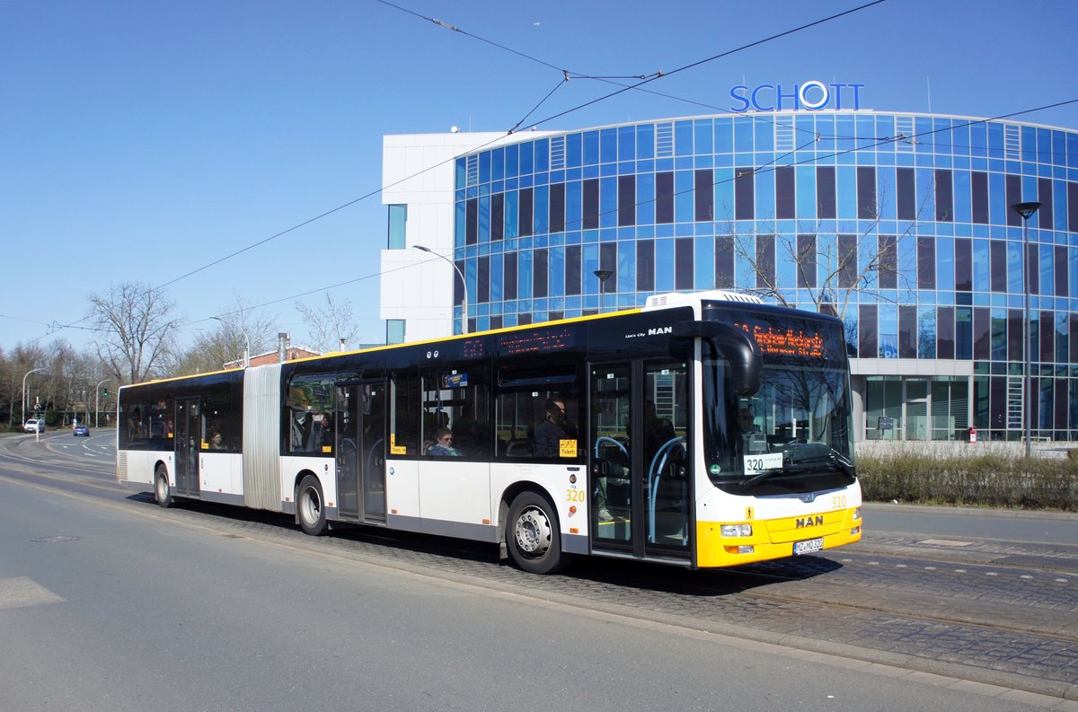 Stadtbus Mainz: MAN Lion's City G der DB Regio Bus Mitte GmbH, aufgenommen im April 2018 in der Nähe der Haltestelle  Bismarckplatz  in Mainz.