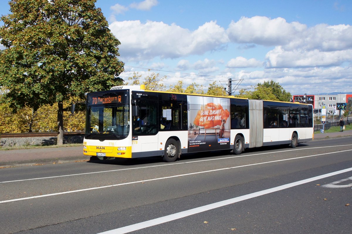 Stadtbus Mainz: MAN Lion's City G der MVG Mainz / Mainzer Verkehrsgesellschaft (Wagen 778), aufgenommen im Oktober 2020 in Mainz-Bretzenheim.