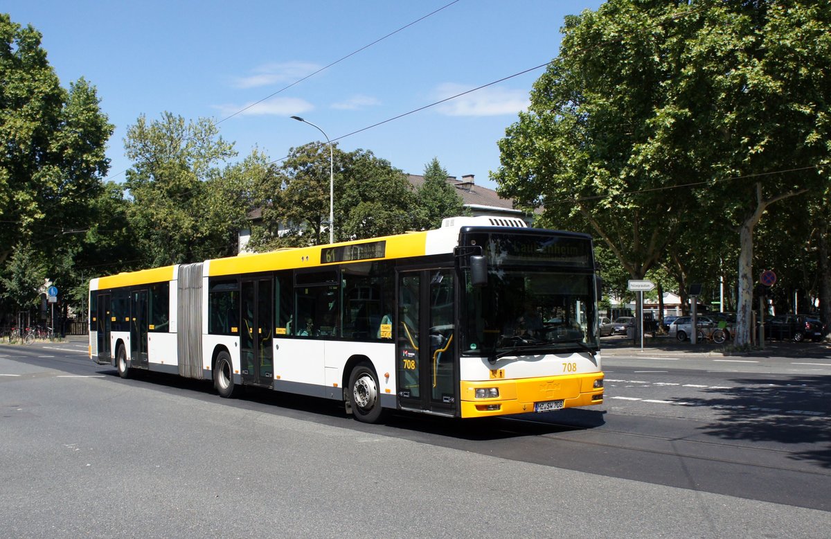 Stadtbus Mainz: MAN NG der MVG Mainz / Mainzer Verkehrsgesellschaft (Wagen 708), aufgenommen im Juli 2018 an der Haltestelle  Goethestraße  in Mainz.