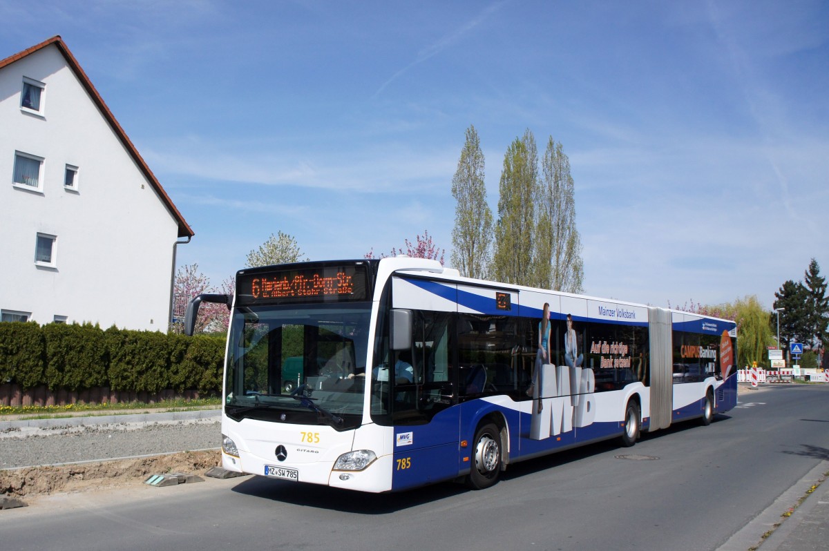 Stadtbus Mainz: Mercedes-Benz Citaro C2 Gelenkbus der MVG Mainz / Mainzer Verkehrsgesellschaft, aufgenommen im April 2015 in Mainz-Bretzenheim.