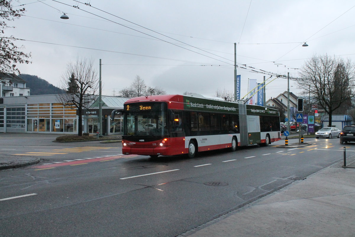 Stadtbus Winterthur Nr. 108 (Hess Swisstrolley 3 BGT-N1C) am 31.1.2021 in Wülflingen