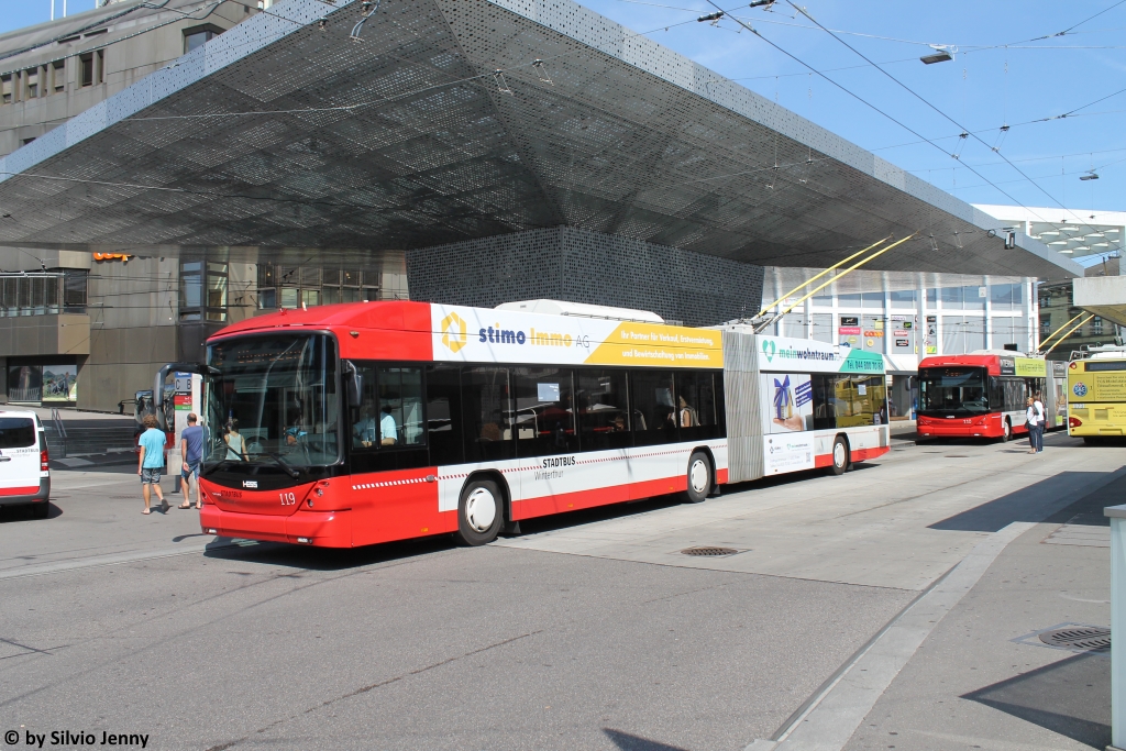 Stadtbus Winterthur Nr. 119 (Hess Swisstrolley 3 BGT-N1C) am 18.7.2017 beim Hauptbahnhof