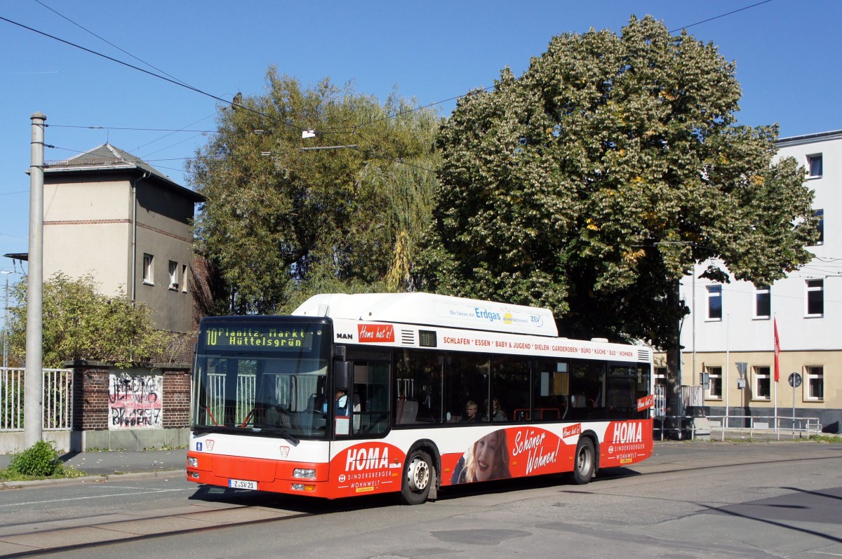 Stadtbus Zwickau: MAN NL CNG der SVZ Zwickau, aufgenommen im Oktober 2015 am Hauptbahnhof in Zwickau.