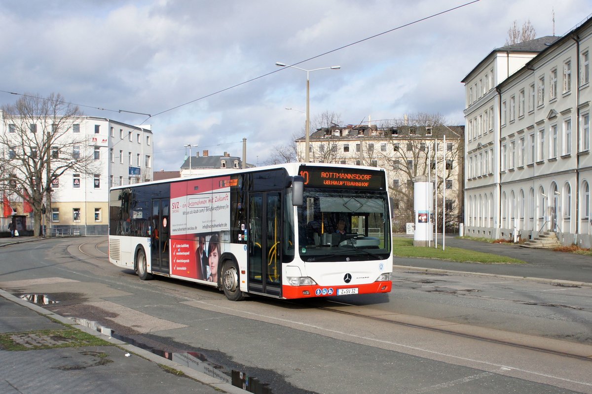 Stadtbus Zwickau: Mercedes-Benz Citaro Facelift der SVZ Zwickau, aufgenommen im März 2019 am Hauptbahnhof in Zwickau.