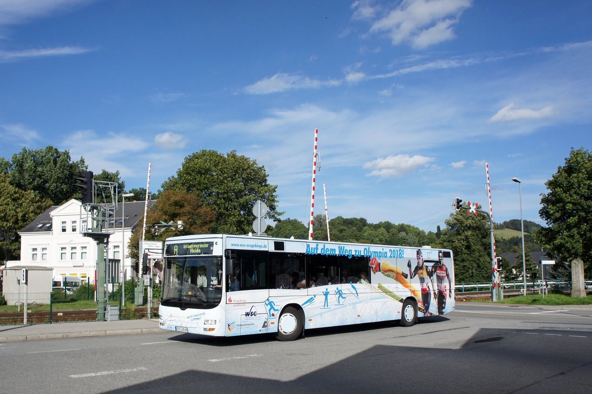 Stadtverkehr Schwarzenberg / Bus Erzgebirge: MAN Lion's City  der RVE (Regionalverkehr Erzgebirge GmbH), aufgenommen im August 2016 am Bahnhof in Schwarzenberg / Erzgebirge.