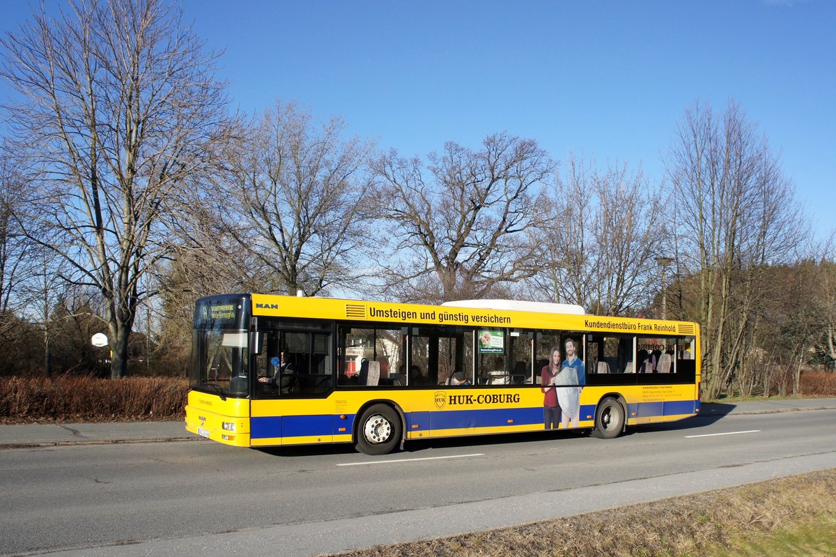 Stadtverkehr Schwarzenberg / Stadtbus Schwarzenberg / Bus Erzgebirge: MAN NL der RVE (Regionalverkehr Erzgebirge GmbH), aufgenommen im Dezember 2017 im Stadtgebiet von Schwarzenberg / Erzgebirge.