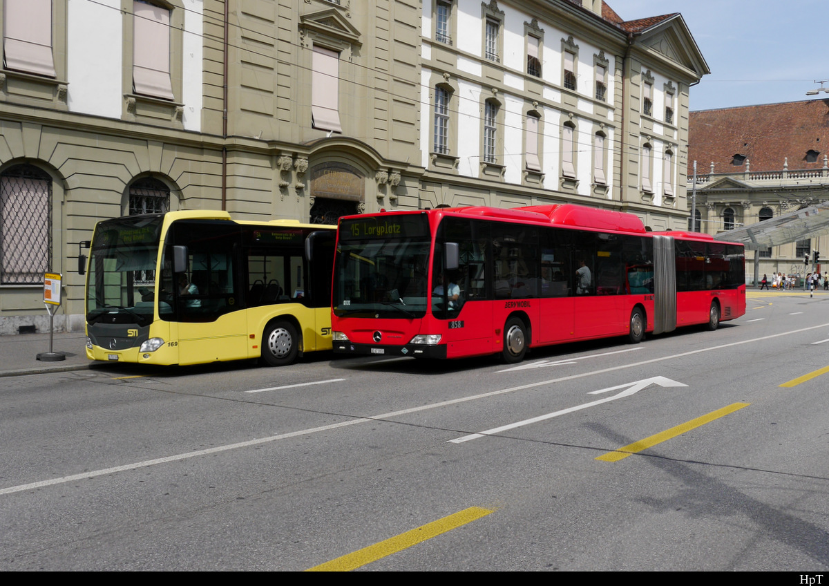STI / Bern Mobil - Mercedes Citaro Nr.169 BE 671169 als Bahnersatz für die BLS ab Bern nach Belp und Mercedes Citaro Nr.858  BE  671858 unterwegs auf der Linie 15 Loryplatz am 06.08.2019