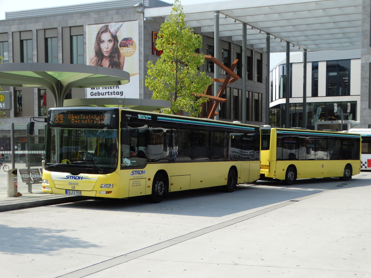 Stroh Bus MAN Lions City mit Göppel Maxi Train Anhänger als Buszug am 09.09.16 in Hanau Freiheitsplatz auf der Linie 33. An alle die dieses Gespann auch mal fotografieren möchte. Es fahren um 13:25 und 13:55 Buszüge in Hanau