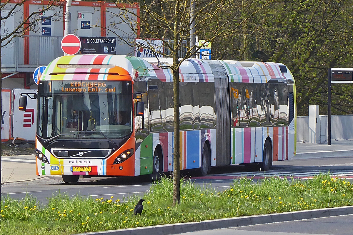 SY 7767, Volvo 7900 Hybriddes VDL, an der Haltestelle „Rood Breck/Pfaffenthal“ in der Stadt Luxemburg aufgenommen. 07.04.2019