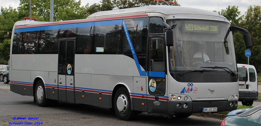 Temsa Safari, Wagennummer 320, der Uckermärkischen Verkehrsgesellschaft mbH, 2014 in Schwedt/Oder.