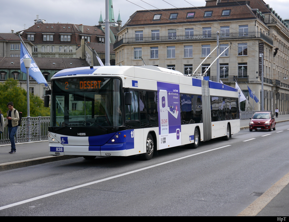TL Lausanne - Hess Trolleybus Nr.838 unterwegs auf der Linie 2 in Lausanne am 06.09.2020