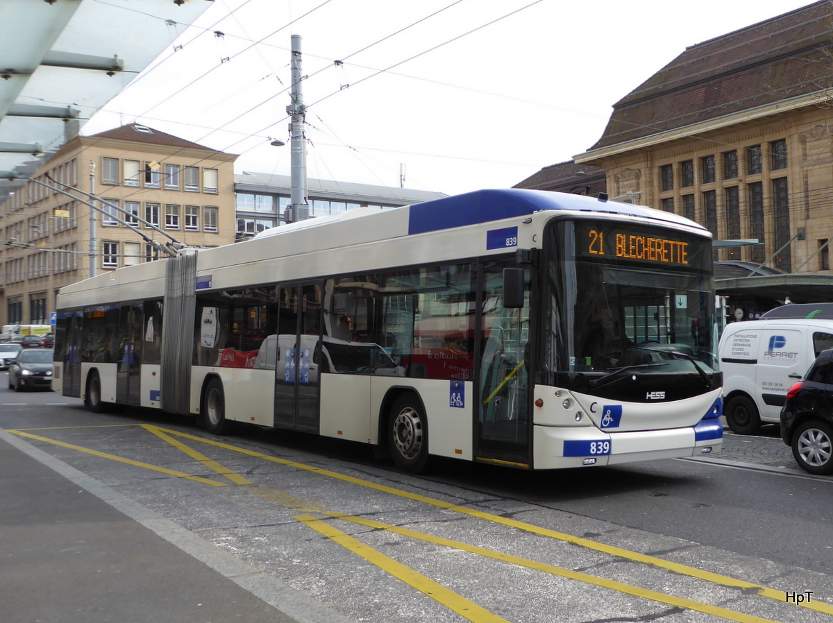 TL Lausanne - Trolleybus Nr.839 unterwegs auf der Linie 21 in der Stadt Lausanne am 18.02.2016