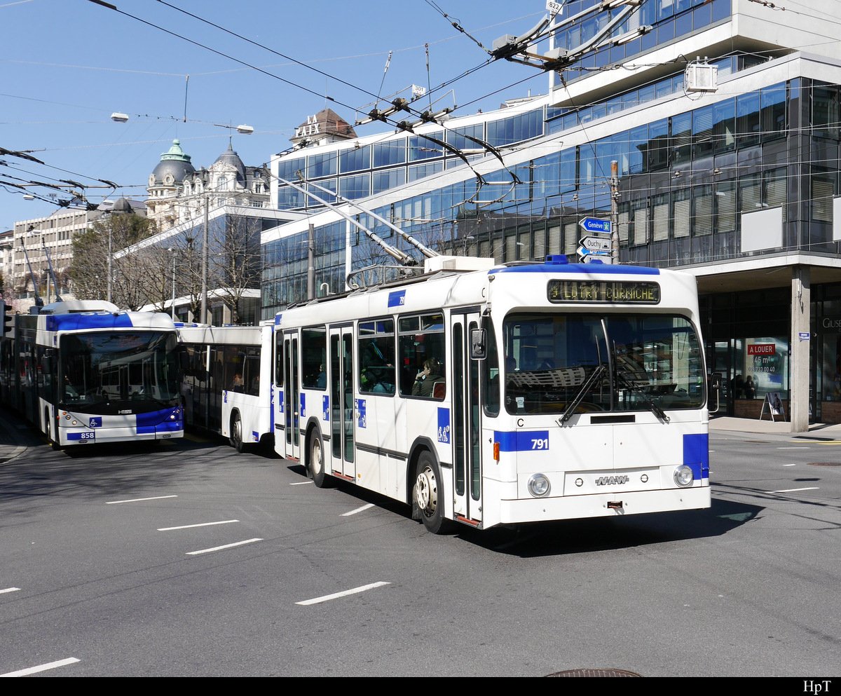 TL - NAW Trolleybus Nr.791 unterwegs auf der Linie 9 in der Stadt Lausanne am 23.03.2019