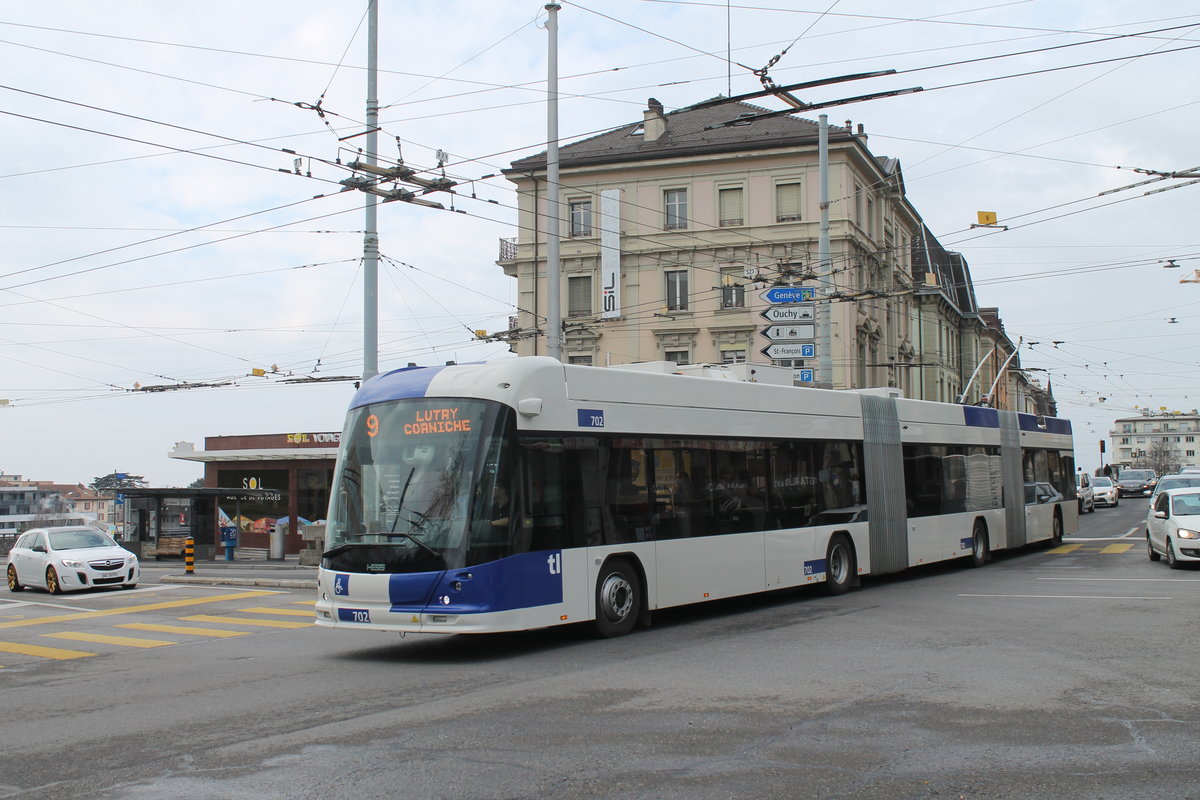 tl Nr. 702 (Hess lighTram® 25DC) am 8.3.2021 in Lausanne, Chauderon