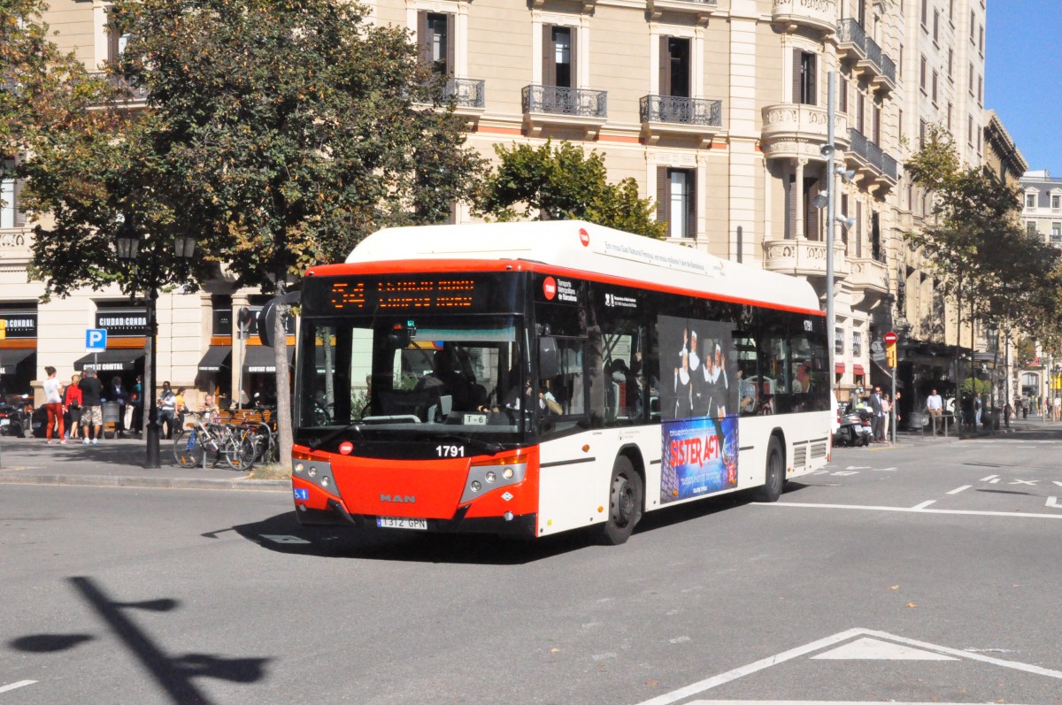 TMB, Barcelona. MAN/Castrosua CS40 City Versus CNG (Nr.1791) in Gran Vía-Balmes. (23.10.2014)