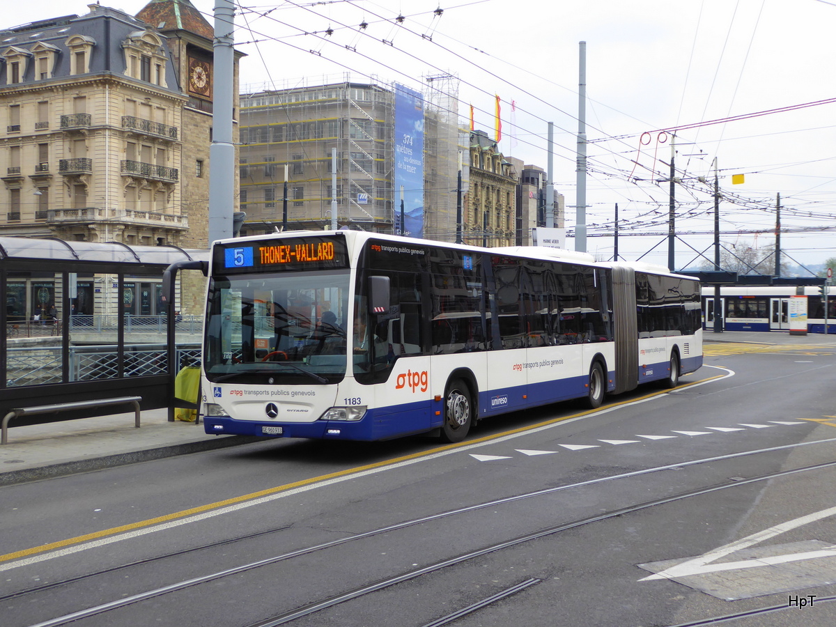 TPG - Mercedes Citaro Nr.1183 GE 960933 unterwegs auf der Linie 5 in der Stadt Genf am 09.04.2016