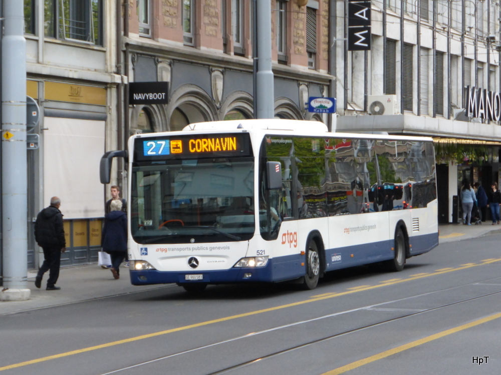 TPG - Mercedes Citaro Nr.521  GE 960583 unterwegs auf der Linie 27 in der Stadt Genf am 09.05.2014