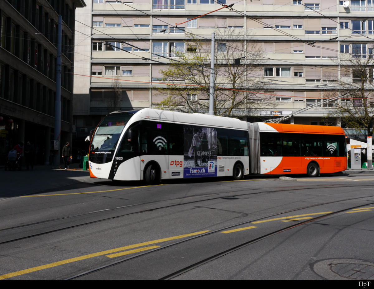 tpg - VanHool Trolleybus Nr.1623 unterwegs auf der Linie 6 in der Stadt Genf am 06.04.2019