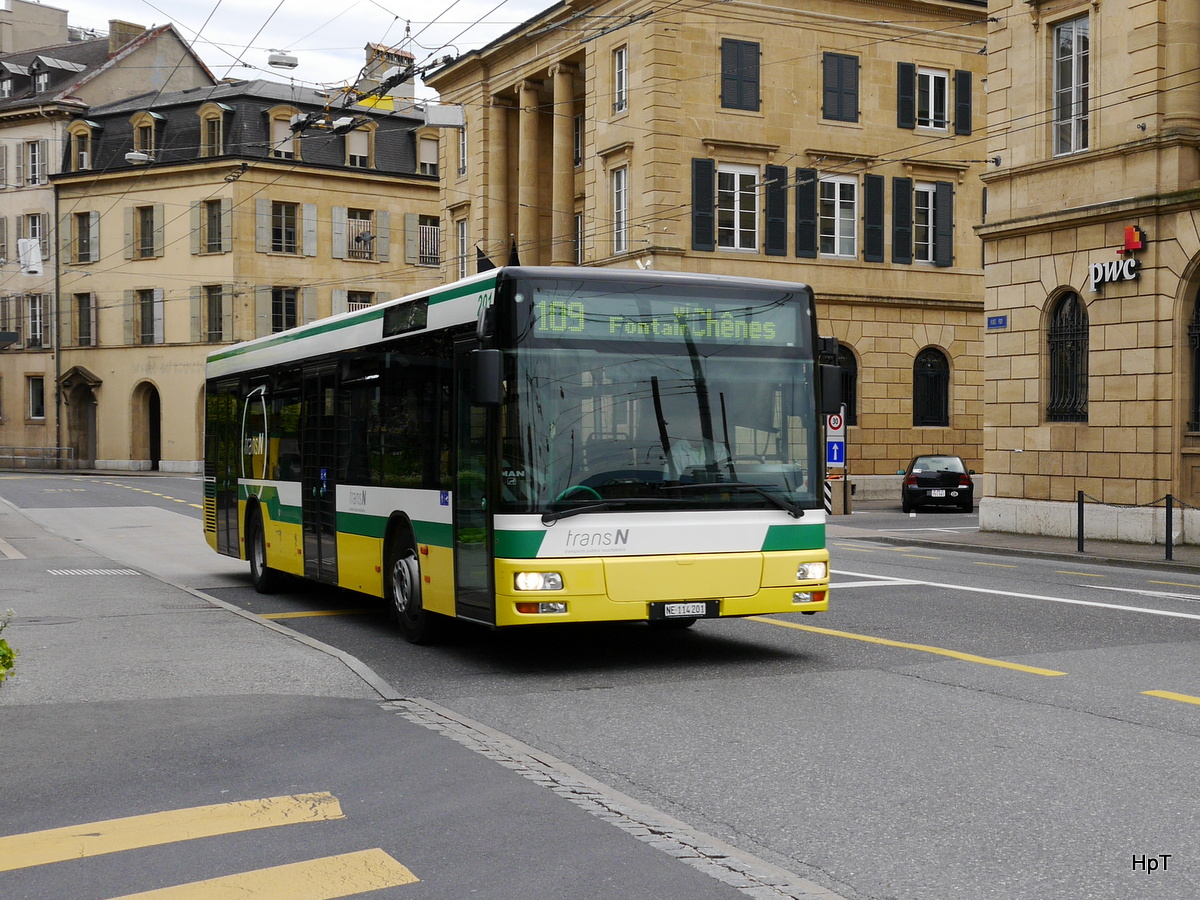 TransN - MAN  Nr.201  NE  114201 unterwegs auf der Linie 109 in den Strassen von Neuchâtel am 22.05.2016