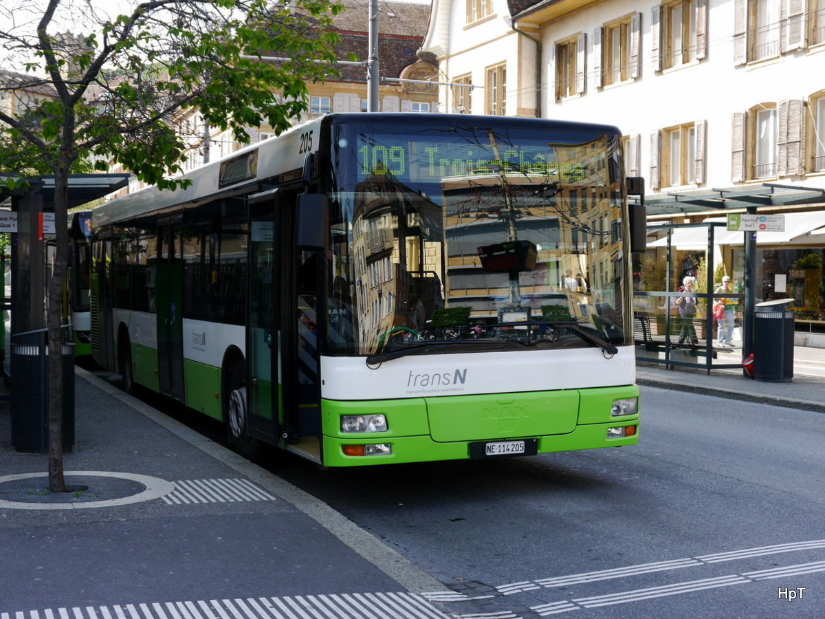 TransN Neuchàtel - MAN  Nr.134  NE 114205 unterwegs auf der Linie 109 in der Stadt Neuchàtel am 10.05.2016