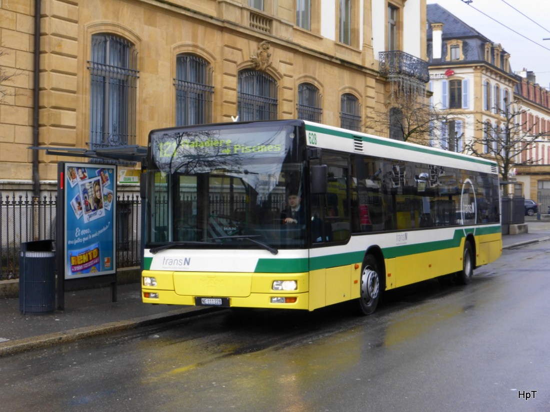 TransN Neuchâtel - MAN  Nr.628  NE  111228 unterwegs auf der Linie 121 in der Stadt Neuchâtel am 14.02.2015