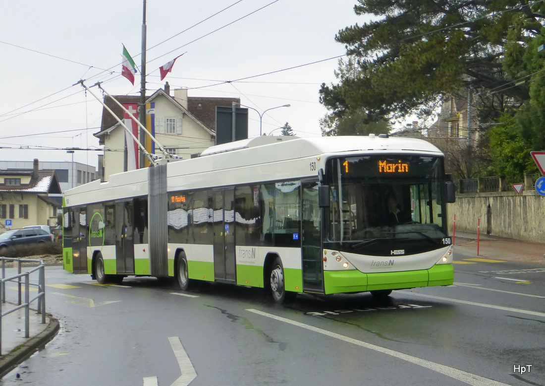 TransN Neuchâtel - Trolleybus Nr.150 unterwegs auf der Linie 1 in Peseux am 14.02.2015