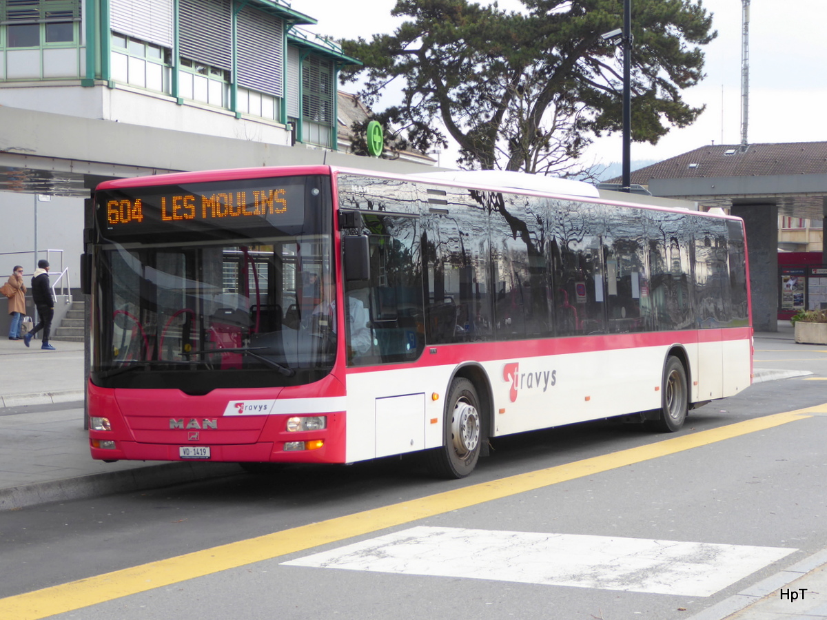 travys - MAN Lion`s City  VD  1419 vor dem Bahnhof in Yverdon les Bains am 18.02.2016