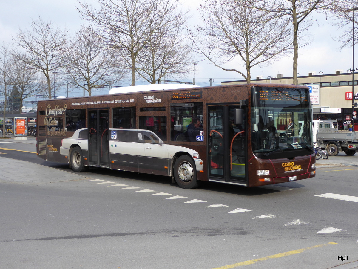 travys - MAN Lion`s City  VD  486500 unterwegs vor dem Bahnhof in Yverdon les Bains am 18.02.2016