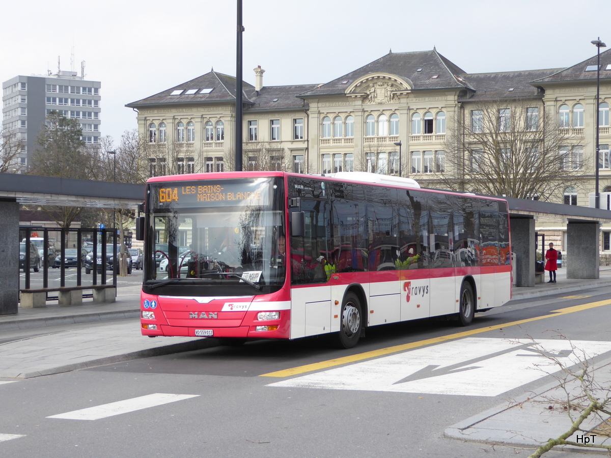 travys - MAN Lion`s City  VD  559012 vor dem Bahnhof in Yverdon les Bains am 18.02.2016