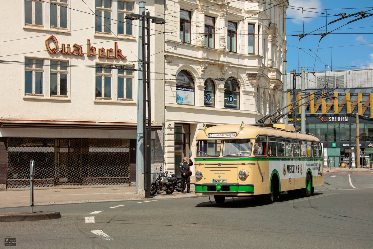Uerdingen-Henschel O-Bus Wagen 59 in Solingen, Mai 2021.