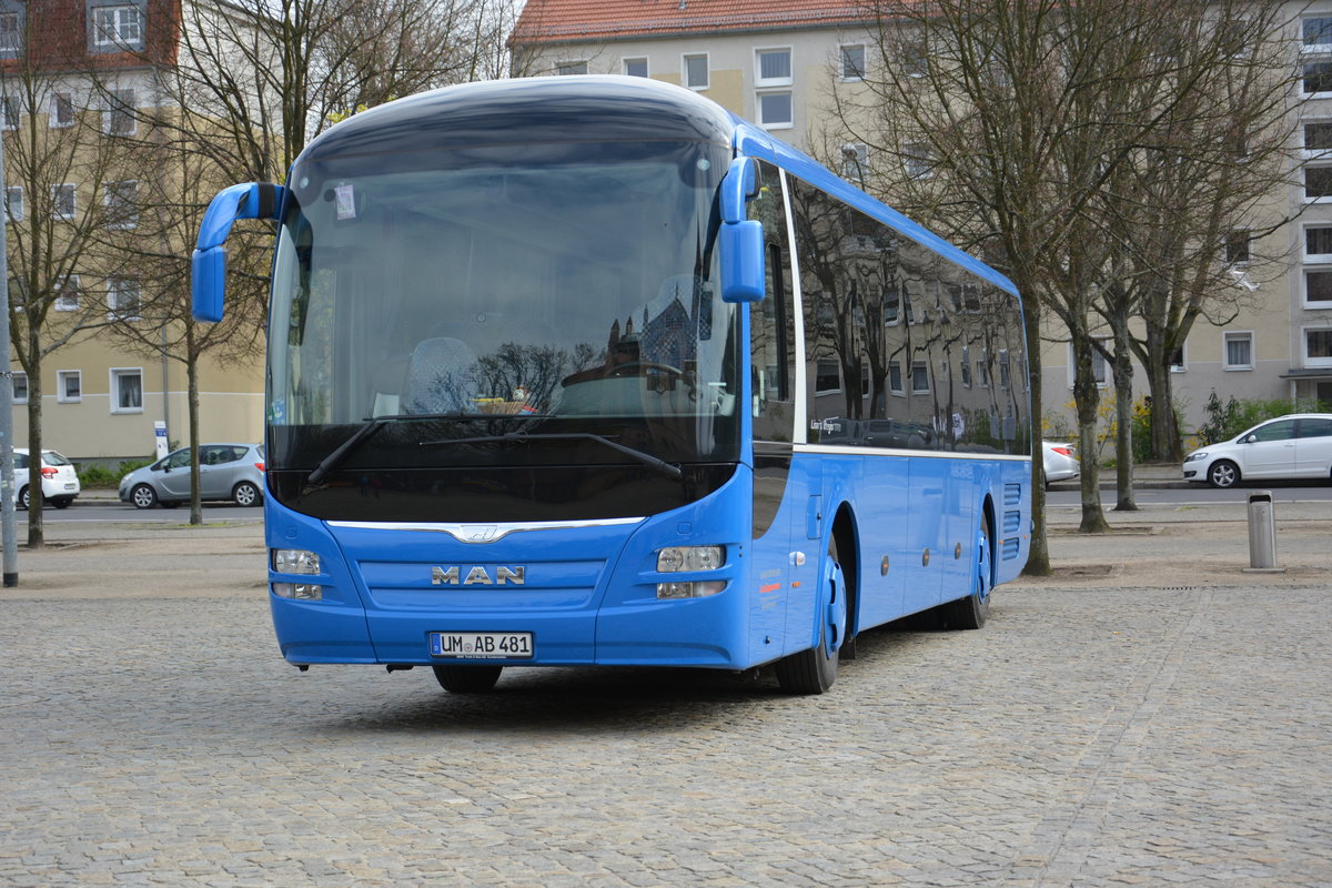 UM-AB 481 steht am 12.04.2016 auf dem Bassinplatz in Potsdam. Aufgenommen wurde ein MAN Lion's Regio (Busunternehmen, Lutz Koppermann).

