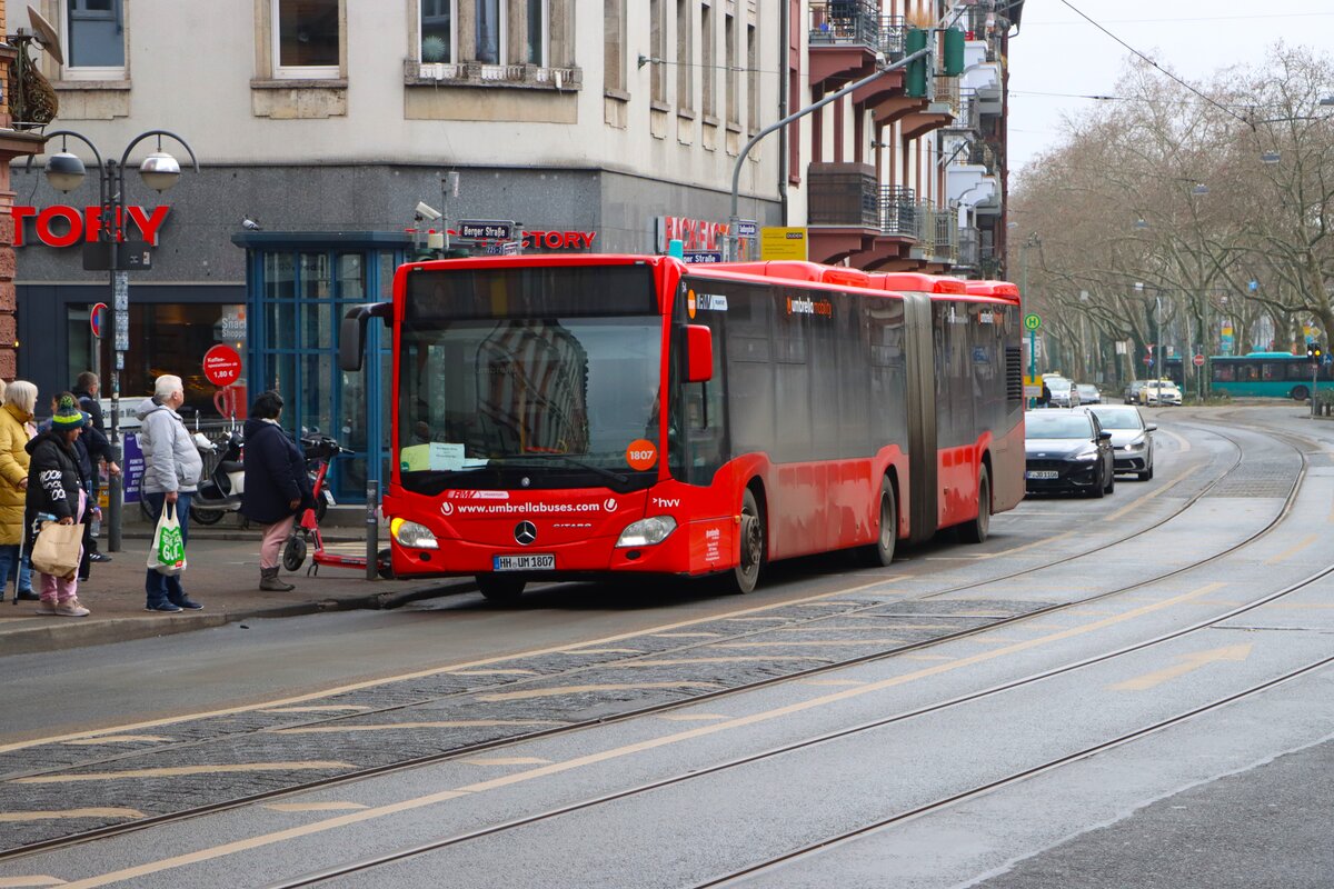 Umbrella Mobility Mercedes Benz Citaro 2 G Wagen 1807 im Auftrag der ICB auf der Linie 34 am 07.02.26 in Frankfurt am Main
