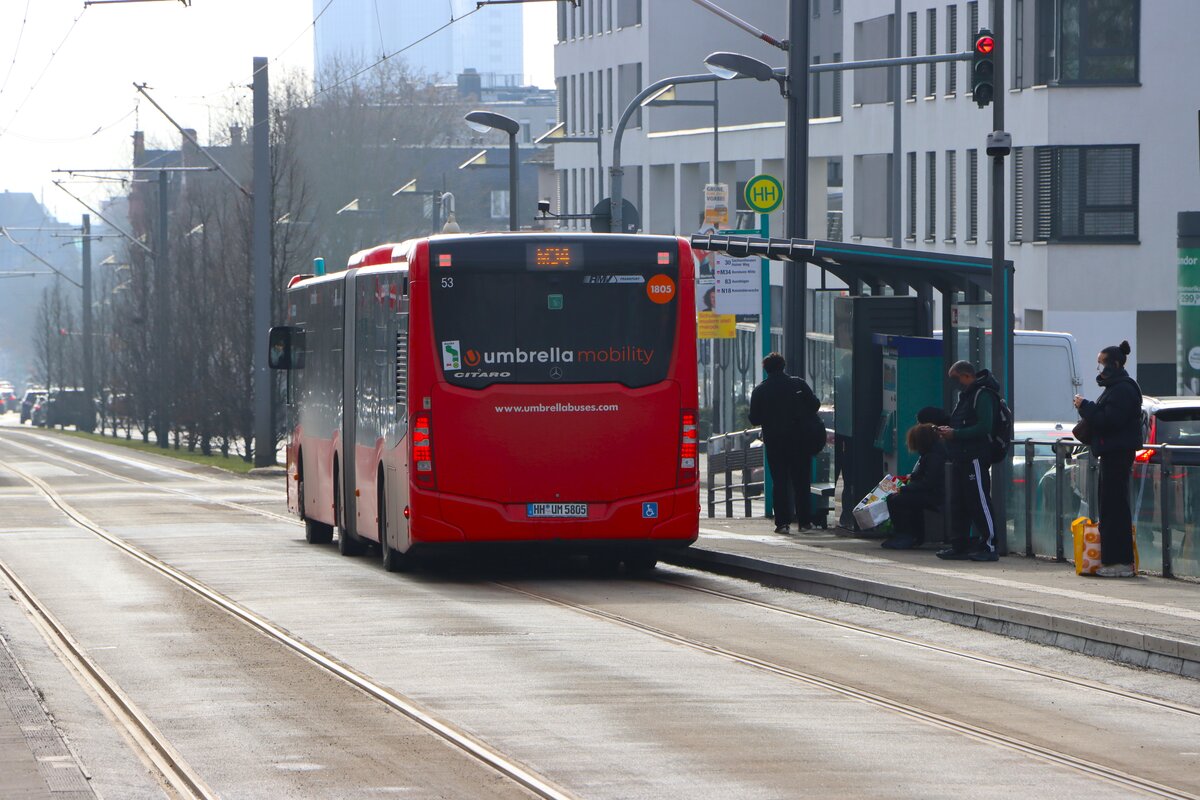 Umbrella Mobility Mercedes Benz Citaro 2 G im Auftrag der ICB auf der Linie 34 am 07.02.26 in Frankfurt am Main