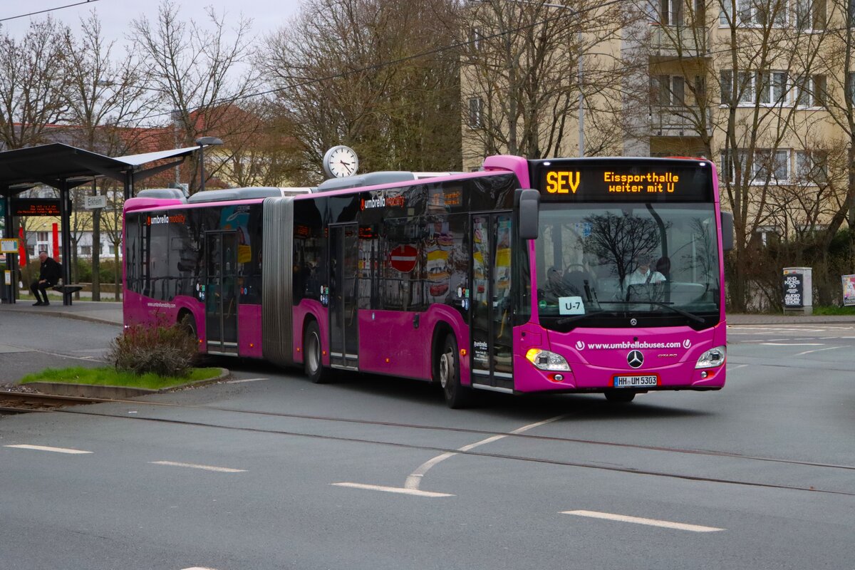 Umbrella Mobility Mercedes Benz Citaro 2 G im Auftrag der ICB als SEV für die U7 am 13.03.26 in Frankfurt am Main