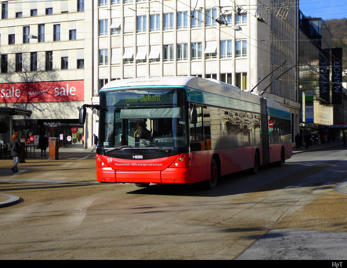 VB Biel - Hess Trolleybus  Nr.59 Unterwegs auf der Linie 1 in der Stadt Biel am 18.01.2019