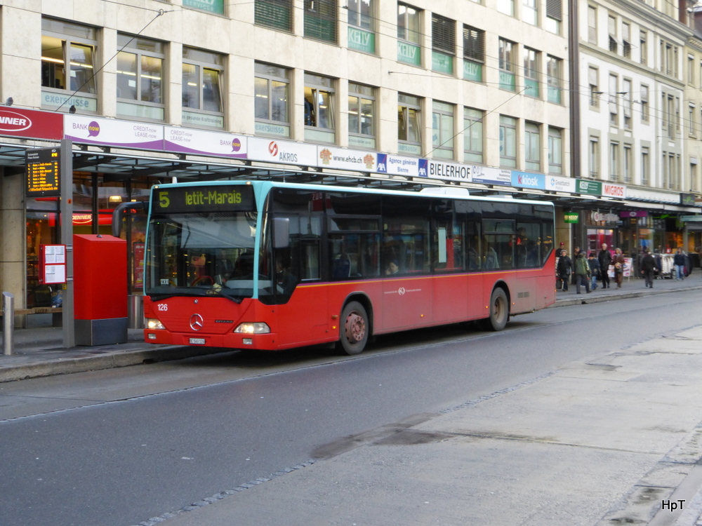 VB Biel - Mercedes Citaro Nr.126  BE  560126 unterwegs auf der Linie 5 in der Stadt Biel am 20.12.2014