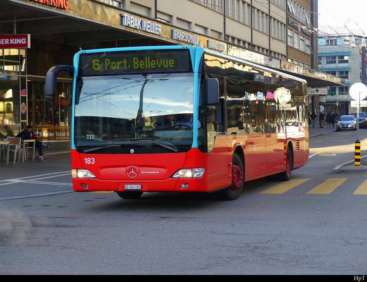 VB Biel - Mercedes Citaro Nr.183  BE 654183 unterwegs auf der Linie 6 in Biel am 01.01.2022
