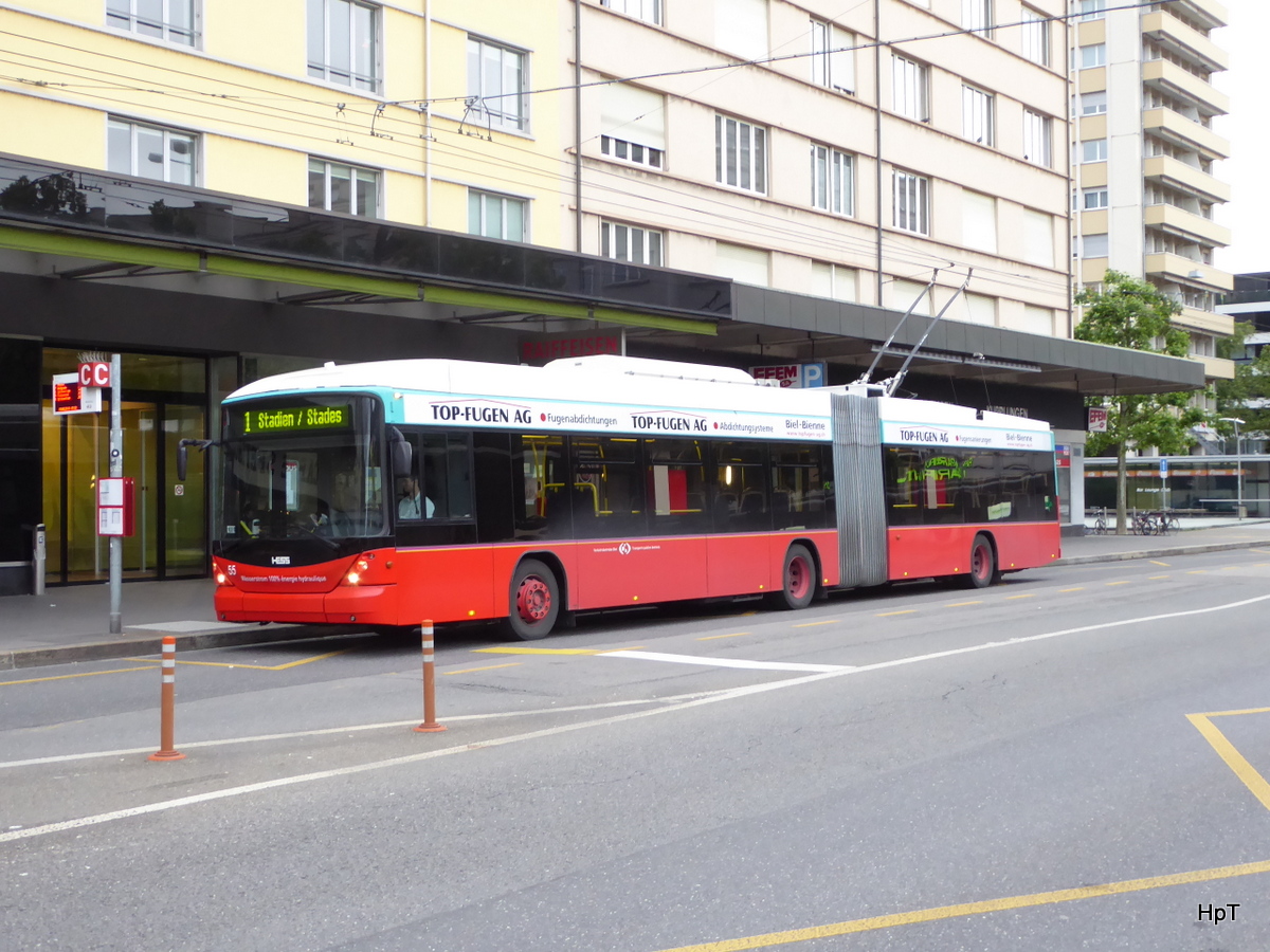 VB Biel - Trolleybus Nr.55 unterwegs auf der Linie 1 in der Stadt Biel am 19.06.2016