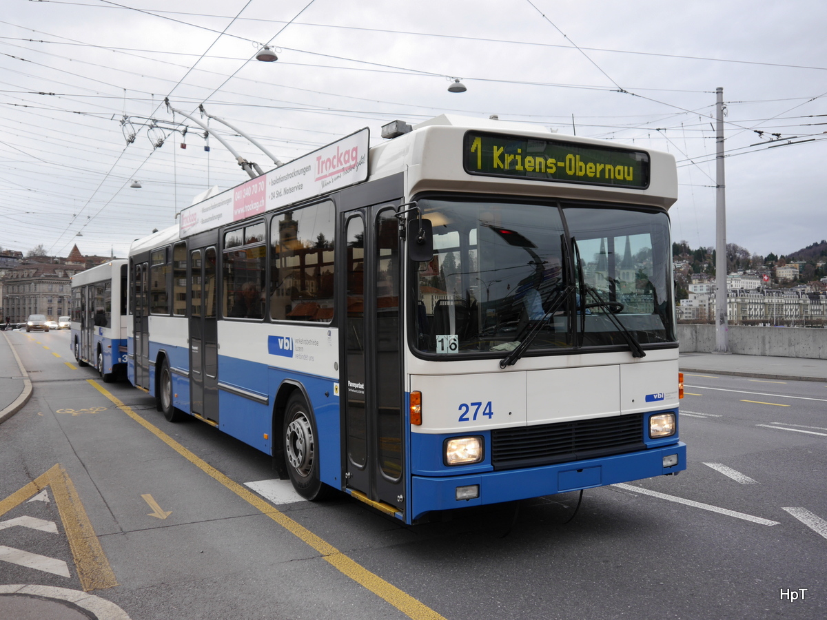 VBL - Trolleybus Nr.274 unterwegs auf der Linie 1 in Luzern am 01.12.2015