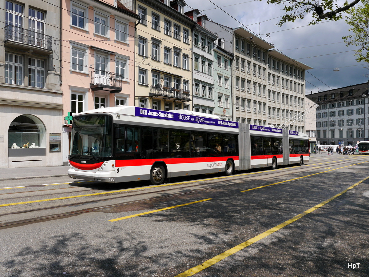 VBSG - Trolleybus Nr.188 unterwegs auf der Linie 1 in der Stadt St. Gallen am 14.05.2016