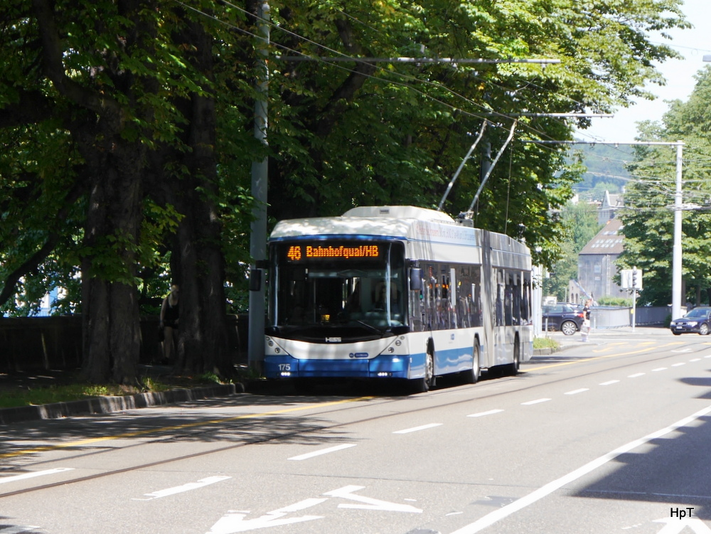 VBZ - Hess-Swisstrolley BGT-N2C Nr.175 unterwegs auf der Linie 46 in der Stadt Zürich am 19.07.2014