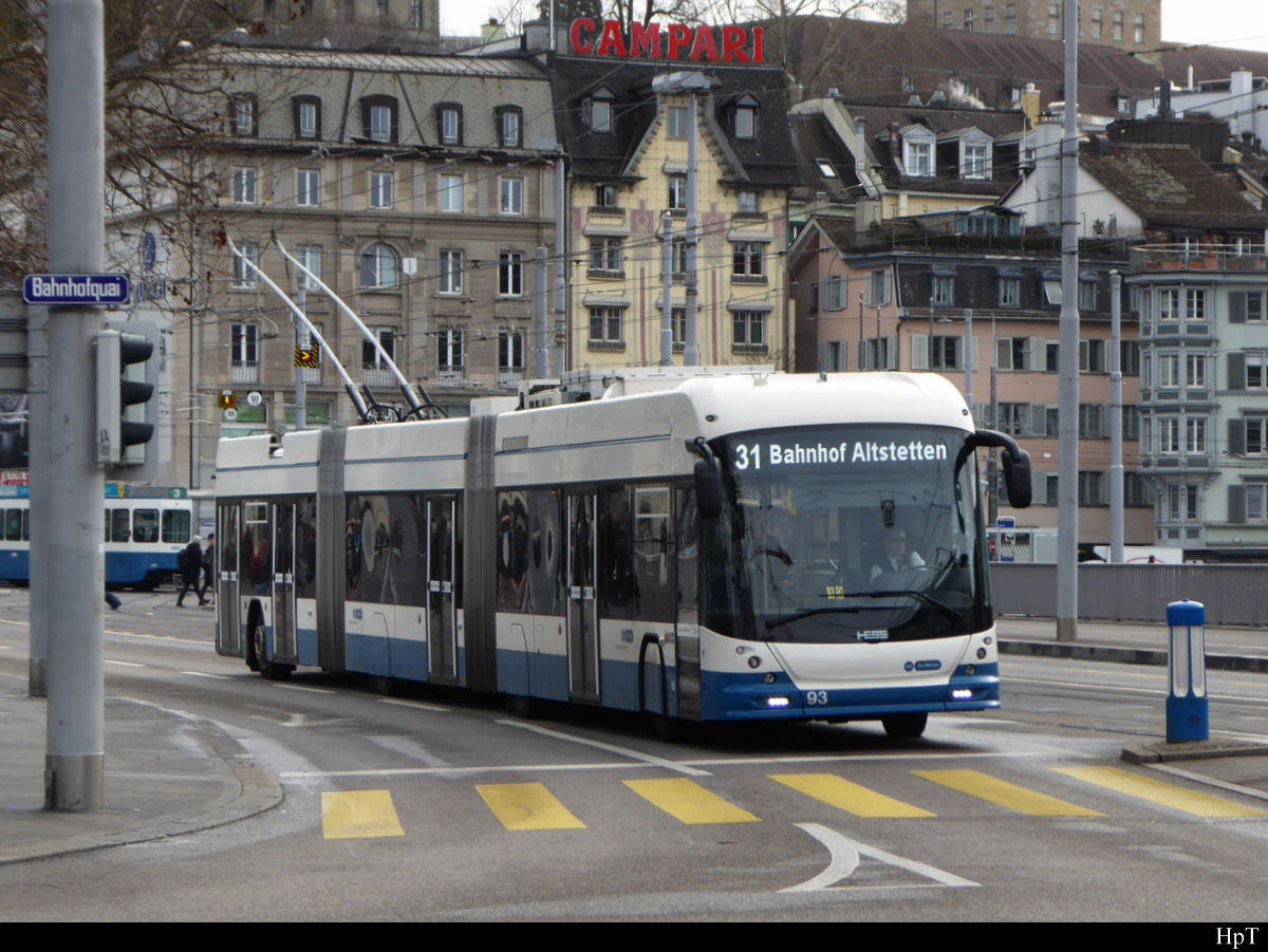 VBZ - Hess Trolleybus Nr.93 unterwegs auf der Linie 31 in Zürich am 29.02.2020