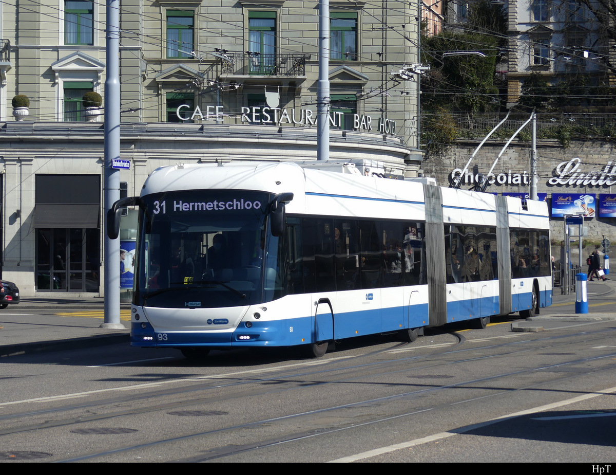 VBZ - Hess Trolleybus Nr.93 unterwegs in Zürich am 06.03.2022