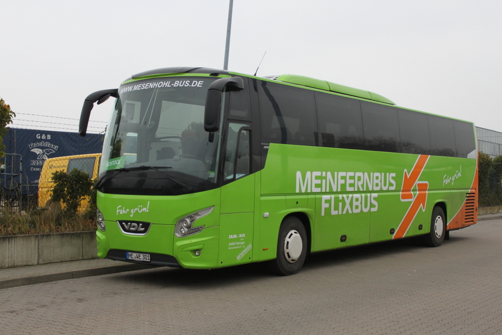 VDL Futura der Firma MeinFernbus/Flixbus stand am 02.01.2016 in Hhe Rostock Hauptbahnhof/Sd abgestellt.