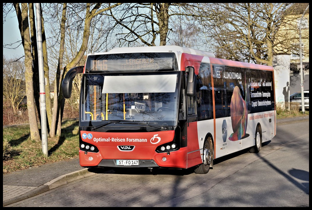 VDL Linienbus der Fa. Forsmann am 2.3.2022 am Bahnhof in Lengerich in Westfalen. Der Bus war auf der Linie R 46 zur Stadtmitte Lengerich, Feuerwehrhaus, im Einsatz.