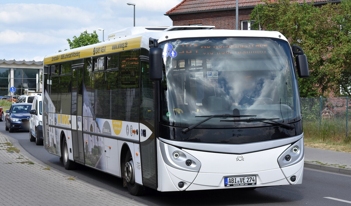 Vetter Verkehrsbetriebe GmbH mit einem SOR ICN 12 (Baujahr 2022), einem Halbniederflurbusmodel im Liniendienst Lutherstadt Wittenberg-Piesteritz am 25.05.23 