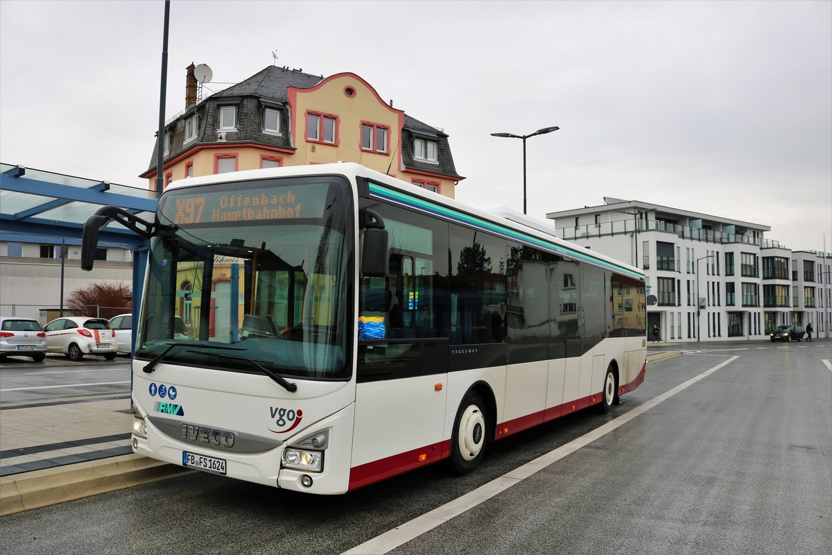 VGO IVECO Crossway auf der neuen RMV Schnellbuslinie X97 am 06.01.18 in Bad Vilbel Bhf